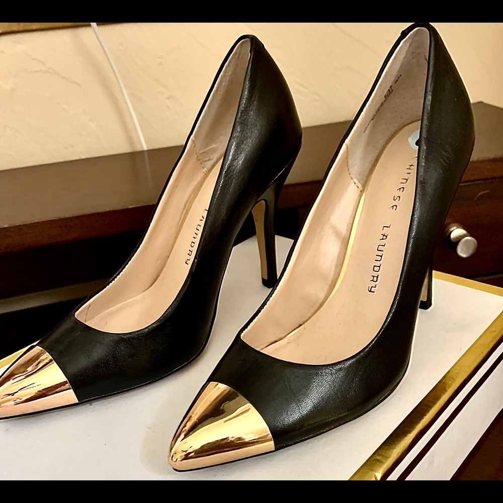 Designer Black Stilettos with Gold Toe- Size 6
